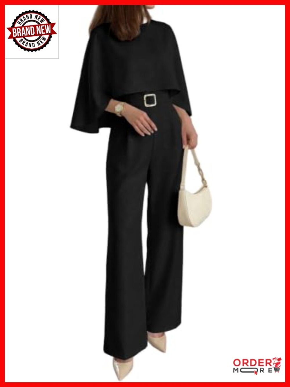 Elegant Cape Sleeve Wide Leg Jumpsuit Dressy Romper Belted